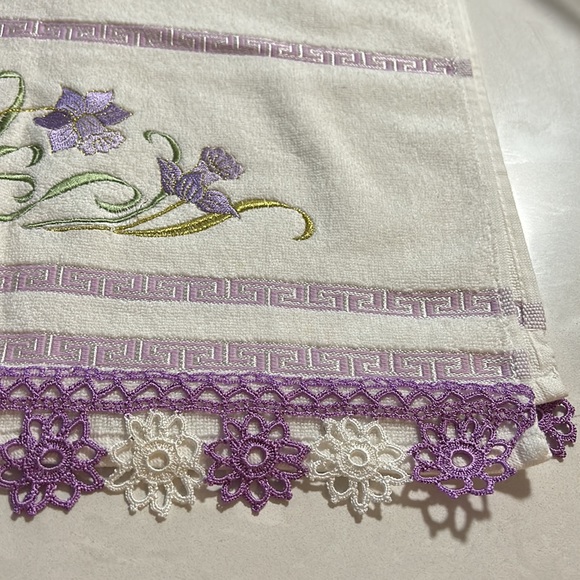 Turkish Embroidered Cotton Hand Towels with crochet purple and white - Picture 4 of 7